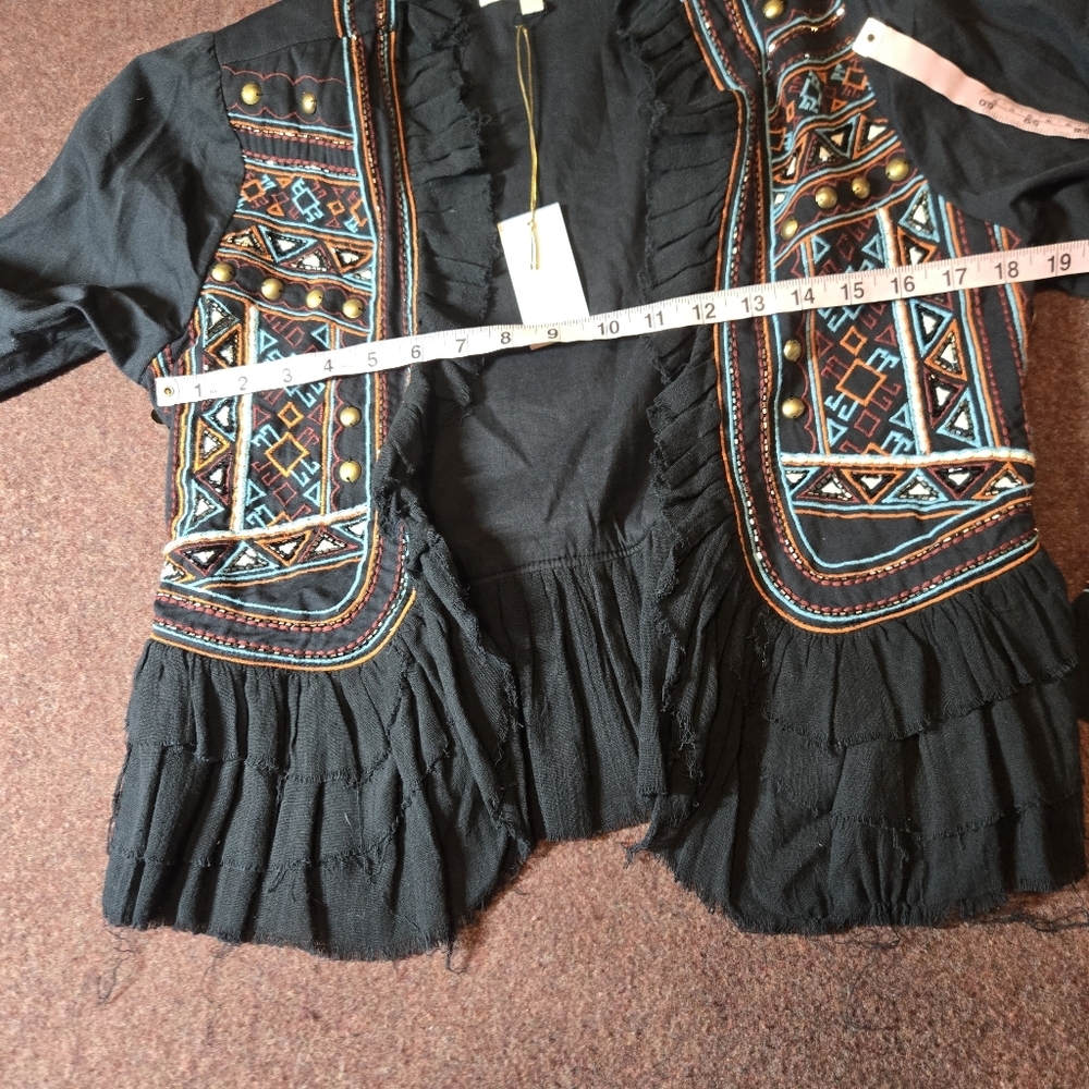Love Sam Black Embroidered Ruffled Jacket with Blue and Orange Accents - Picture 8 of 12